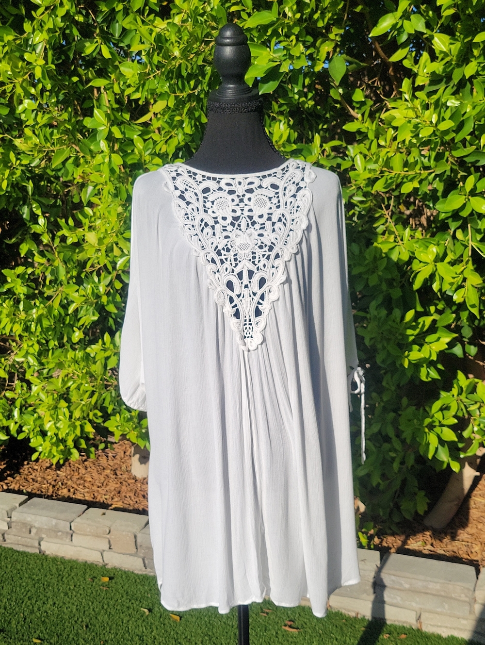 blue island White Crochet Yoke Swim Open Back Slit Sleeved Coverup